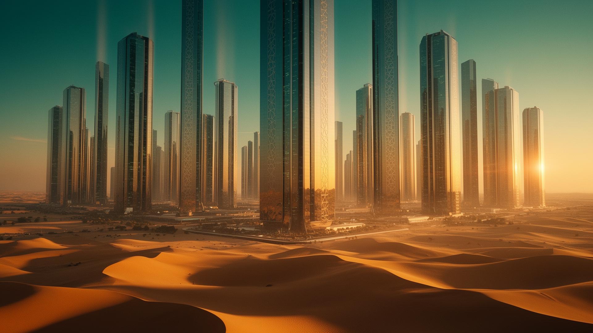 A futuristic Vision-2030-aligned megacity of mirror-clad linear towers rising from golden desert dunes at sunset